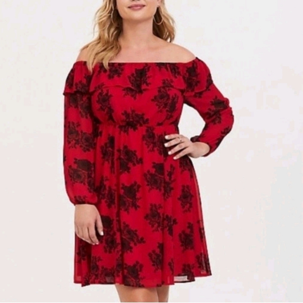 Torrid Red Black Floral Mini Chiffon Off-Shoulder Skater Dress